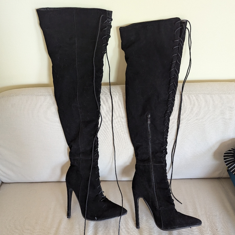 Black Over-the-Knee Lace-Up Boots - Picture 1 of 7